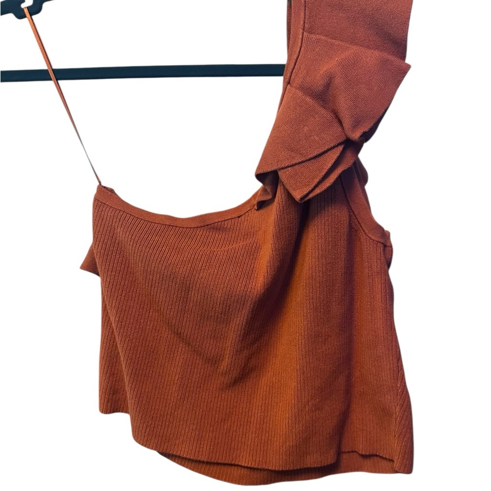 NWT Rust Ruffle One-Shoulder Crop Top - Picture 4 of 4